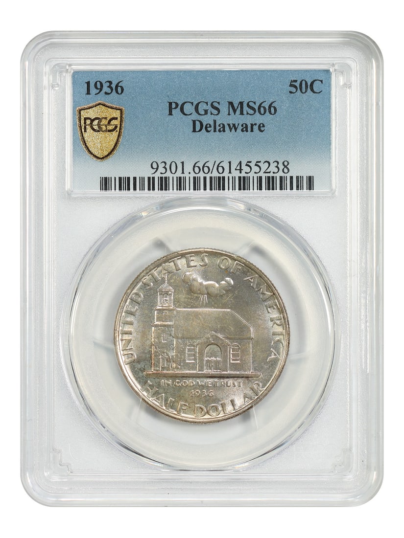 1936 Delaware Half Dollar MS66 PCGS Silver Commemorative Coin: 1936 Delaware Half Dollar MS66 PCGS Silver Commemorative Coin This 1936 Delaware 50C Classic Silver Commemorative coin was struck in Philadelphia to honor the 300th anniversary of the landing of the S