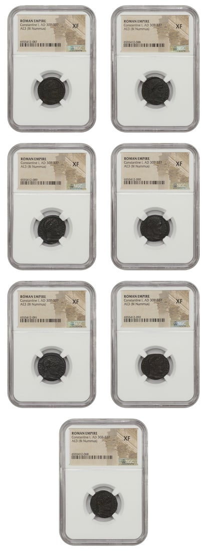 Lot of 7 Roman Empire AE3 Coins NGC XF Constantine I AD 307-337: Lot of 7 Roman Empire AE3 Coins NGC XF Constantine I AD 307-337 This lot features seven coins from the Roman Empire, specifically dated between AD 307 and 337, consisting of AE3 (BI Nummus) coins. Eac