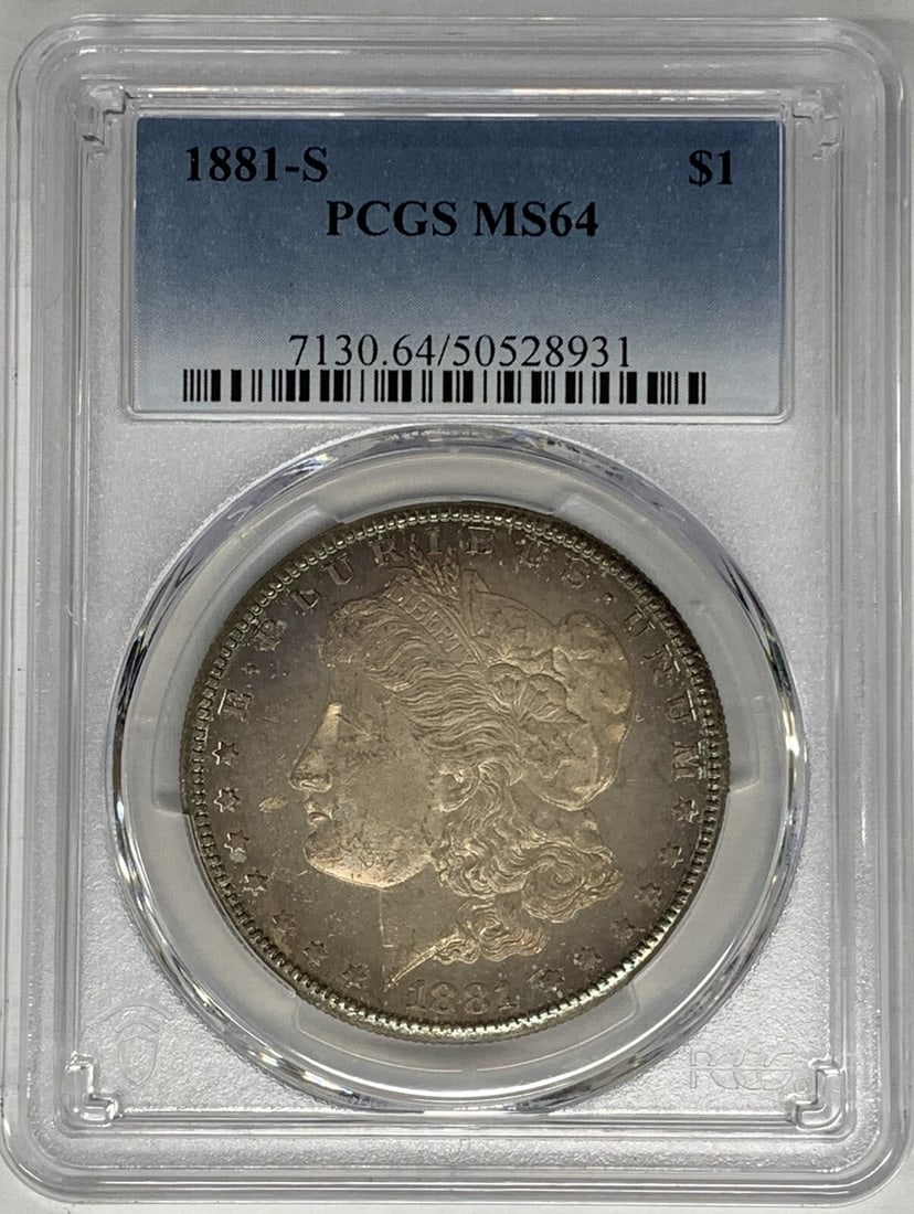 PCGS MS 64 1881-S Morgan Silver Dollar with Toning: PCGS MS 64 1881-S Morgan Silver Dollar with Toning This is an 1881-S Morgan Silver Dollar featuring attractive toning. The coin is composed of silver, has a denomination of $1, and was minted in the U