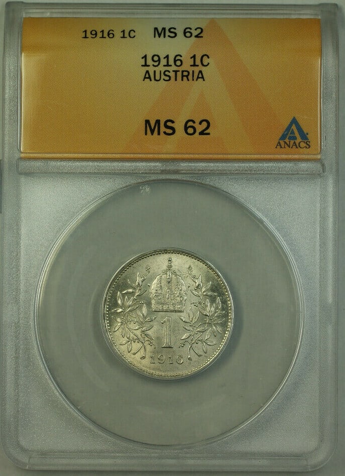 ANACS MS-62 graded 1916 Austria 1 Corona silver coin: ANACS MS-62 graded 1916 Austria 1 Corona silver coin This 1916 Austria 1 Corona coin is composed of 0.835 fine silver and has been certified by ANACS with a grade of MS-62. The coin is uncirculated an