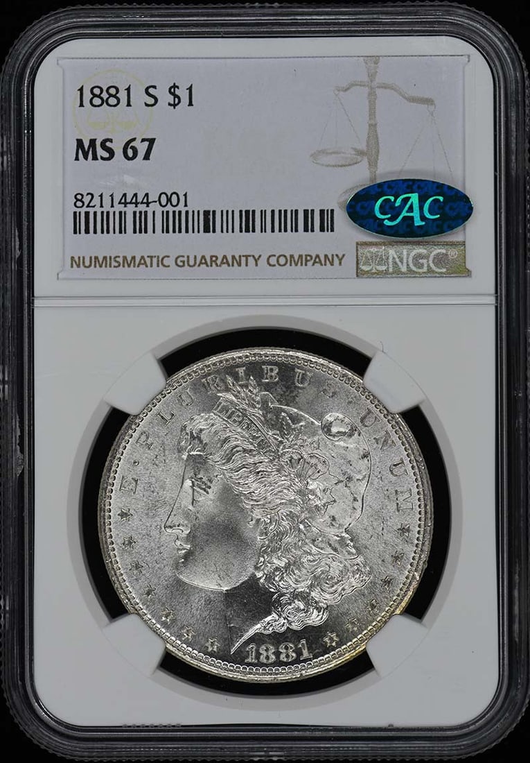 1881-S Morgan Dollar NGC MS67 CAC Uncirculated San Francisco: 1881-S Morgan Dollar NGC MS67 CAC Uncirculated San Francisco This 1881-S Morgan Dollar is a stunning piece certified by NGC with a high grade of MS67, indicating its exceptional quality. Struck in San
