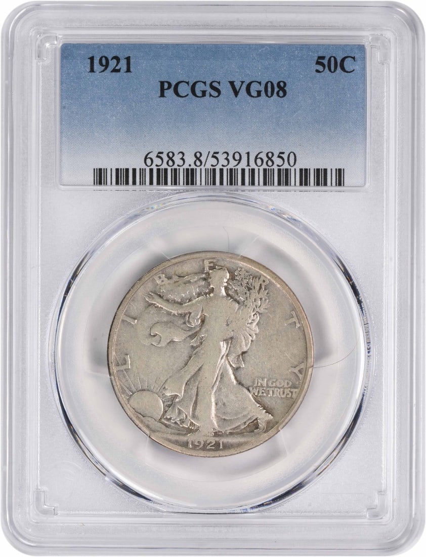 1921 Walking Liberty Silver Half Dollar VG08 Certified PCGS: 1921 Walking Liberty Silver Half Dollar VG08 Certified PCGS This 1921 Walking Liberty Silver Half Dollar is a classic piece of American numismatics, showcasing the artistry of designer Adolph Alexande