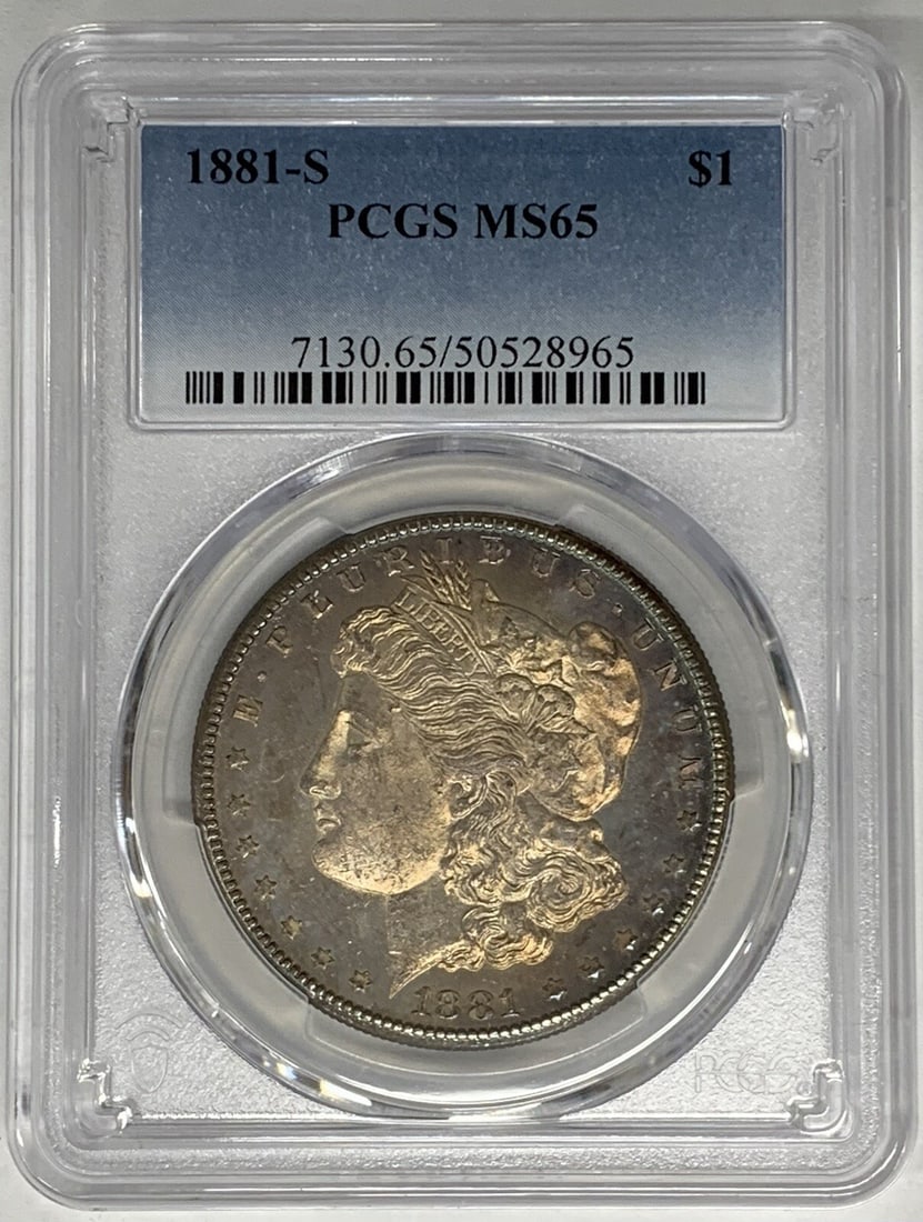 PCGS MS 65 1881-S Morgan Dollar with Toning: PCGS MS 65 1881-S Morgan Dollar with Toning This is an 1881-S Morgan Silver Dollar from the United States, featuring attractive toning. The coin is composed of silver, has a denomination of $1, and is