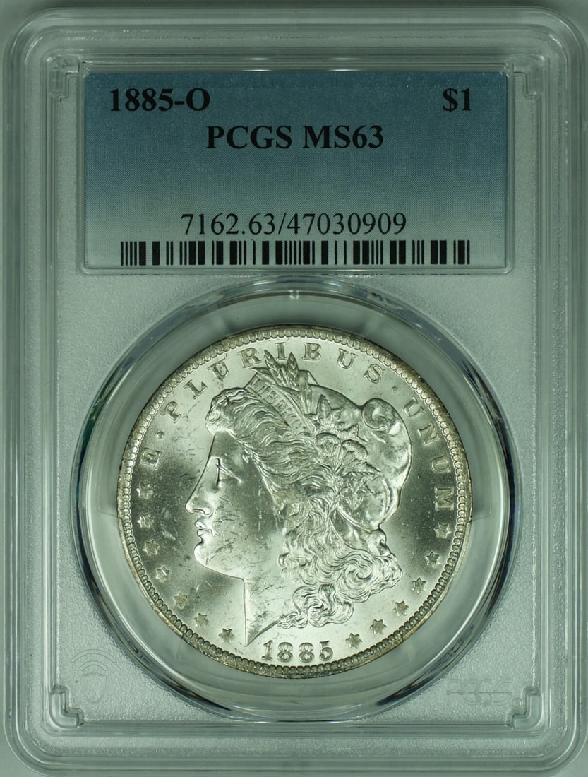 PCGS MS-63 1885-O Morgan Silver Dollar New Orleans Mint: PCGS MS-63 1885-O Morgan Silver Dollar New Orleans Mint This is an 1885-O Morgan Silver Dollar coin graded MS-63 by PCGS. Minted in New Orleans, this uncirculated coin features a 0.9 fineness silver c