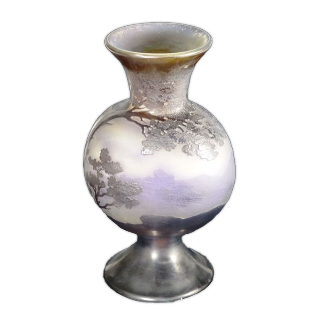 Emile Galle Art Vase Overlaid Acid Etched Scenic 9.5 Inches France: Emile Galle Art Vase Overlaid Acid Etched Scenic 9.5 Inches France This exquisite Emile Galle vase is a stunning example of early 20th-century French art glass. Crafted using an overlaid and acid-etch