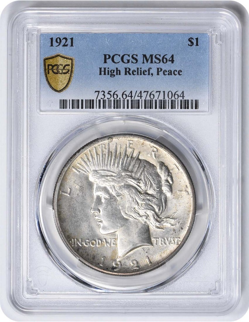 1921 Peace Silver Dollar MS64 PCGS Uncirculated Coin: 1921 Peace Silver Dollar MS64 PCGS Uncirculated Coin This 1921 Peace Silver Dollar is a remarkable collectible coin, showcasing the artistry of designer Anthony de Francisci. Graded MS64 by PCGS, this