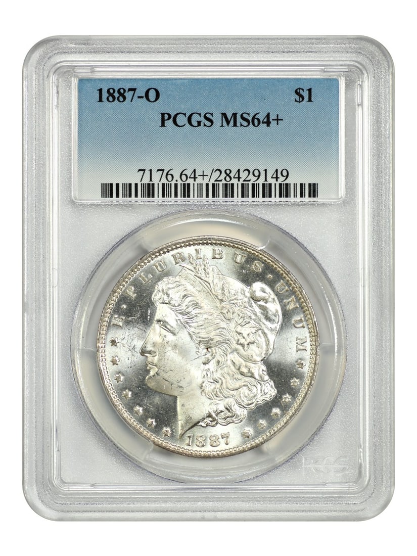 PCGS MS64 Plus 1887-O Morgan Silver Dollar Uncirculated New Orleans Mint: PCGS MS64 Plus 1887-O Morgan Silver Dollar Uncirculated New Orleans Mint This is an 1887-O Morgan Dollar graded MS64+ by PCGS. The coin is uncirculated and was minted in New Orleans. It belongs to the