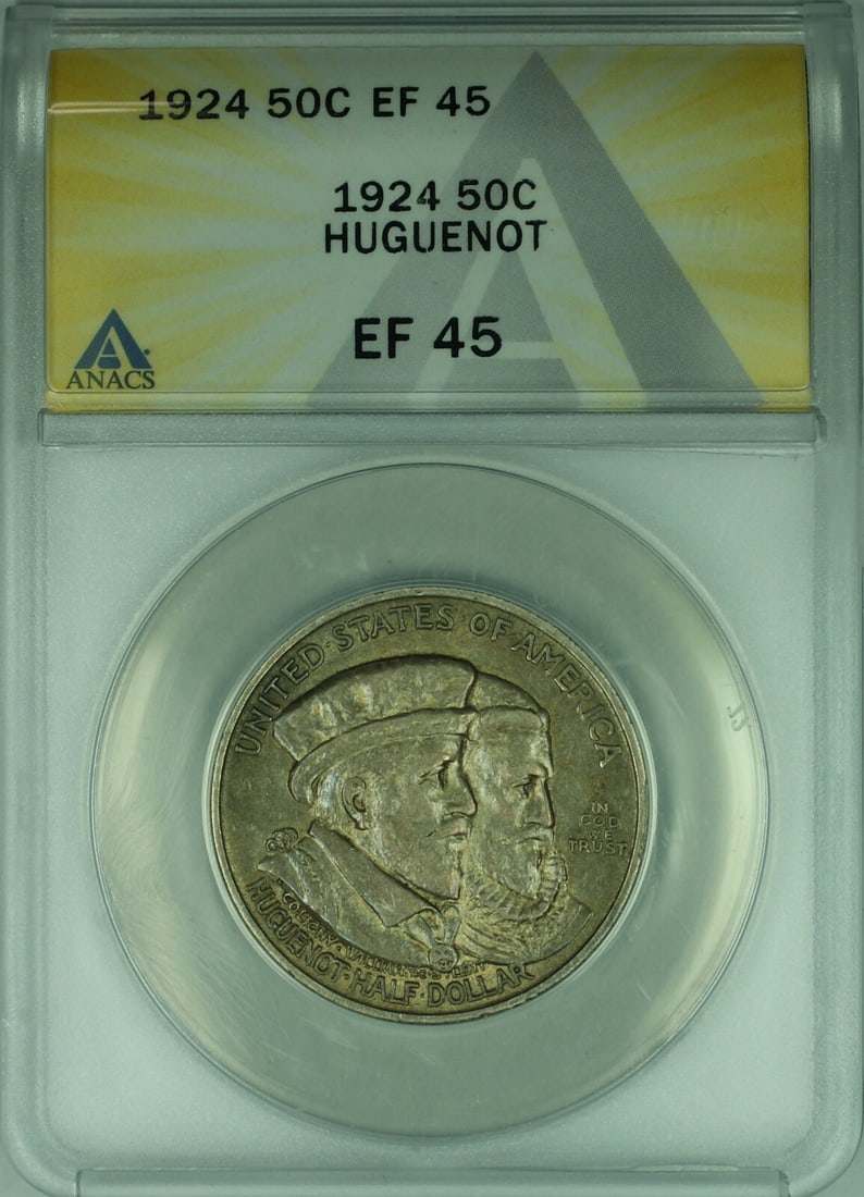 1924 Huguenot Silver Half Dollar ANACS EF-45 Commemorative 50 Cent Coin: 1924 Huguenot Silver Half Dollar ANACS EF-45 Commemorative 50 Cent Coin This is a 1924 Huguenot Commemorative Silver Half Dollar coin from the United States, certified by ANACS with a grade of EF-45.