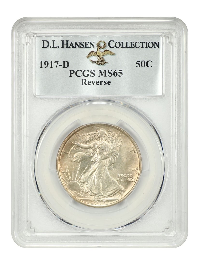 PCGS MS65 1917-D Denver Mint Walking Liberty Half Dollar ex D L Hansen: PCGS MS65 1917-D Denver Mint Walking Liberty Half Dollar ex D L Hansen This 1917-D Walking Liberty Half Dollar features the Denver mintmark on the reverse and is graded MS65 by PCGS. As a scarce key i