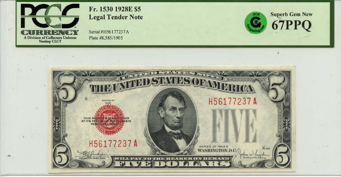 1928 $5 Legal Tender United States Note PCGS MS67 Superb GEM 67 PPQ: 1928 $5 Legal Tender United States Note PCGS MS67 Superb GEM 67 PPQ This is a 1928E $5 Legal Tender Note from the United States, graded MS67 by PCGS Currency. The note is uncirculated and has received