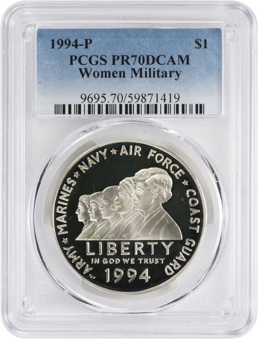 1994-P Women in Military Silver Commemorative Dollar PR70DCAM PCGS: 1994-P Women in Military Silver Commemorative Dollar PR70DCAM PCGS This 1994-P Women in Military Silver Commemorative Dollar is a stunning piece, certified by PCGS with a perfect grade of PR70DCAM, in