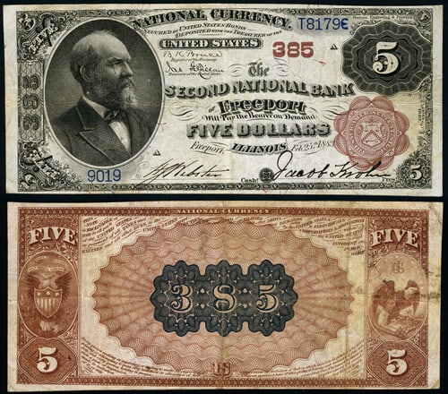 1882 BB Freeport IL $5 National Bank Note Ch #385 Very Fine: 1882 BB Freeport IL $5 National Bank Note Ch #385 Very Fine This 1882 BB $5 National Bank Note from Freeport, IL, is a remarkable collectible piece graded as Very Fine. It features original paper qual