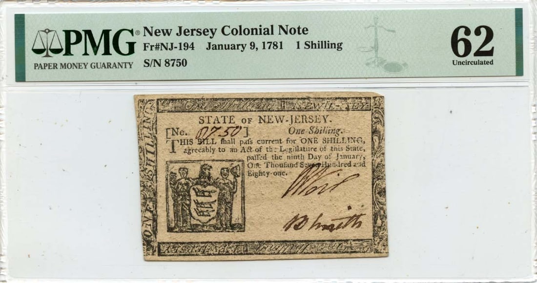 New Jersey 1 Shilling Colonial Currency Note January 9 1781 PMG CU62 FR NJ-194: New Jersey 1 Shilling Colonial Currency Note January 9 1781 PMG CU62 FR NJ-194 This is a 1 Shilling New Jersey Colonial Note dated January 9, 1781. The note has been certified by PMG with a grade of C