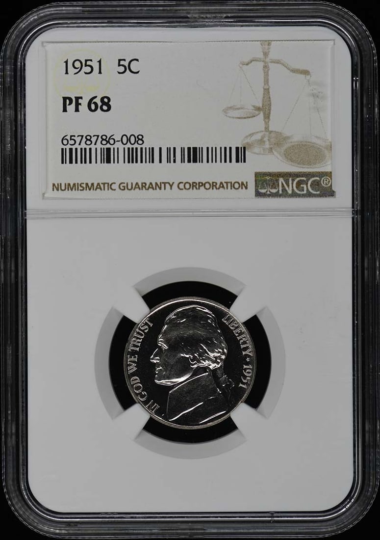 1951 Jefferson Nickel NGC PR68 Proof Uncirculated Coin: 1951 Jefferson Nickel NGC PR68 Proof Uncirculated Coin This 1951 Jefferson Nickel is a stunning example of numismatic artistry, certified by NGC with a remarkable PR68 grade. Struck in Philadelphia, t