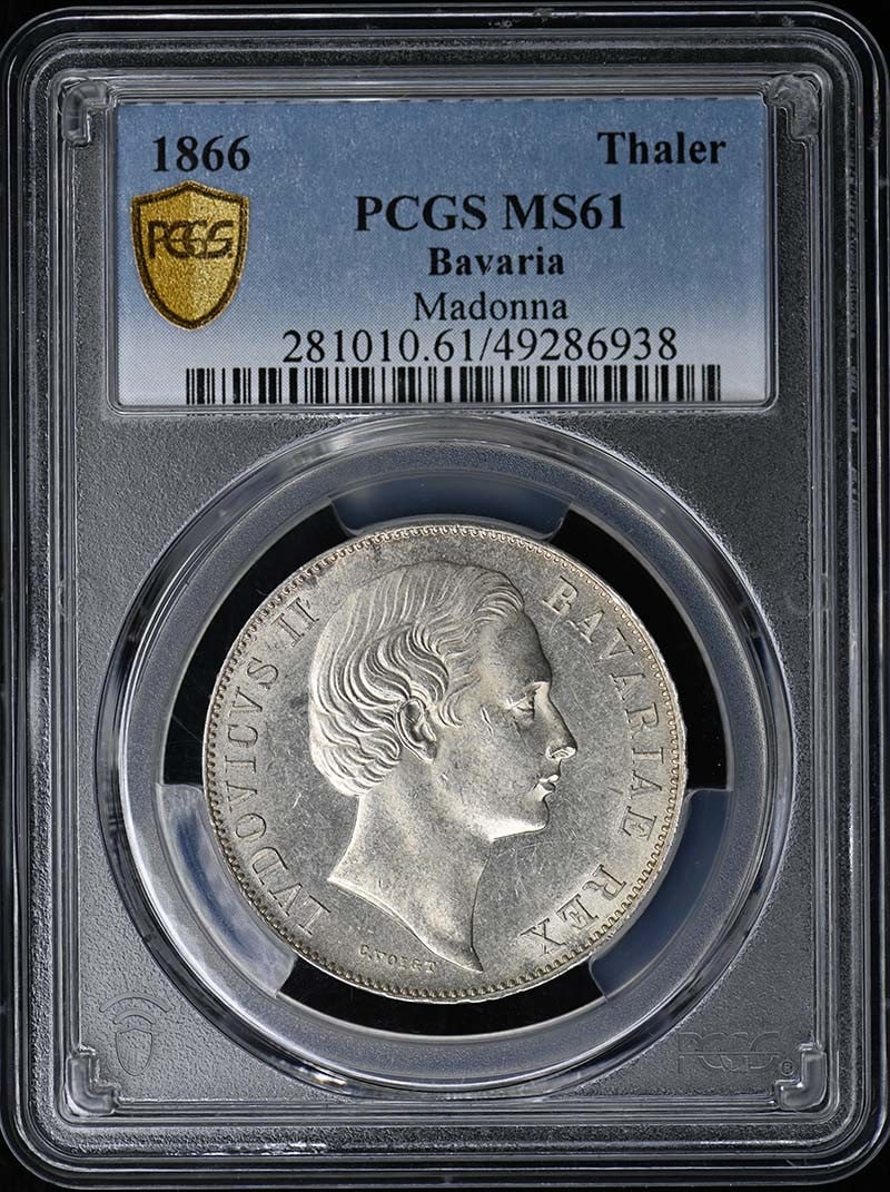 PCGS MS61 1866 Bavaria Madonna Thaler Silver Coin: PCGS MS61 1866 Bavaria Madonna Thaler Silver Coin This is an 1866 Thaler coin from Bavaria featuring the Madonna, graded MS61 by PCGS. The coin is uncirculated and has been certified for authenticity