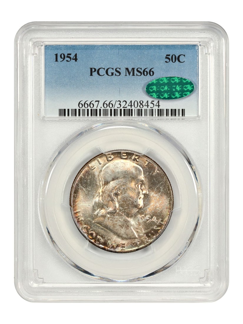 1954 Franklin Half Dollar PCGS CAC MS66 Certified Uncirculated: 1954 Franklin Half Dollar PCGS CAC MS66 Certified Uncirculated This 1954 Franklin Half Dollar is certified by PCGS with a grade of MS66, indicating its uncirculated condition. The coin features a stri