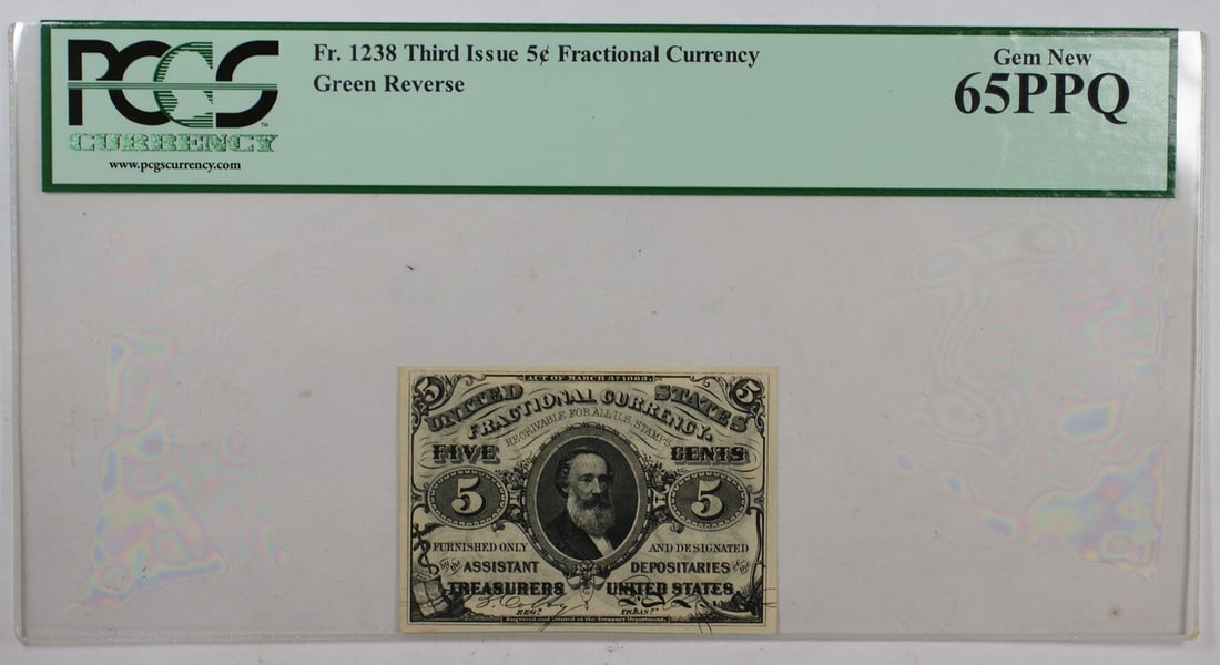 Third Issue 5 Cent Fractional Note PCGS Gem New 65PPQ Green Reserve: Third Issue 5 Cent Fractional Note PCGS Gem New 65PPQ Green Reserve This is a Fr. 1238 Third Issue 5-cent fractional currency note from the United States. The note has been graded by PCGS as Gem Un-us