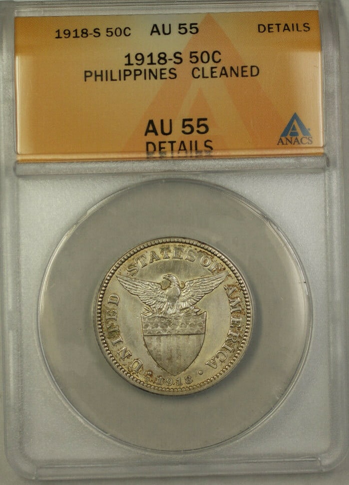 ANACS AU 55 1918-S Philippines Silver 50 Centavos KM171 Cleaned: ANACS AU 55 1918-S Philippines Silver 50 Centavos KM171 Cleaned This is a 1918-S Philippines 50 Centavos coin composed of silver. Certified by ANACS with a grade of AU 55 and noted as cleaned, this co