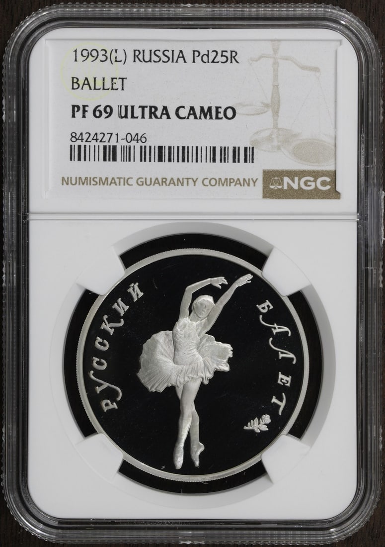 1993 Russian Palladium 25 Roubles Ballerina 1 oz NGC PF69 Proof Coin: 1993 Russian Palladium 25 Roubles Ballerina 1 oz NGC PF69 Proof Coin This 1993 Russian Ballerina coin features a graceful ballet motif and is struck in 1 oz of 0.999 fine palladium. Certified by NGC a