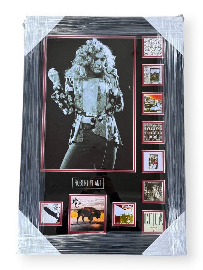 Framed Robert Plant Autographed CD Insert Collage With Beckett COA 21x31: Framed Robert Plant Autographed CD Insert Collage With Beckett COA 21x31 This framed display features an original CD insert and booklet autographed by Robert Plant. The collage is professionally prese