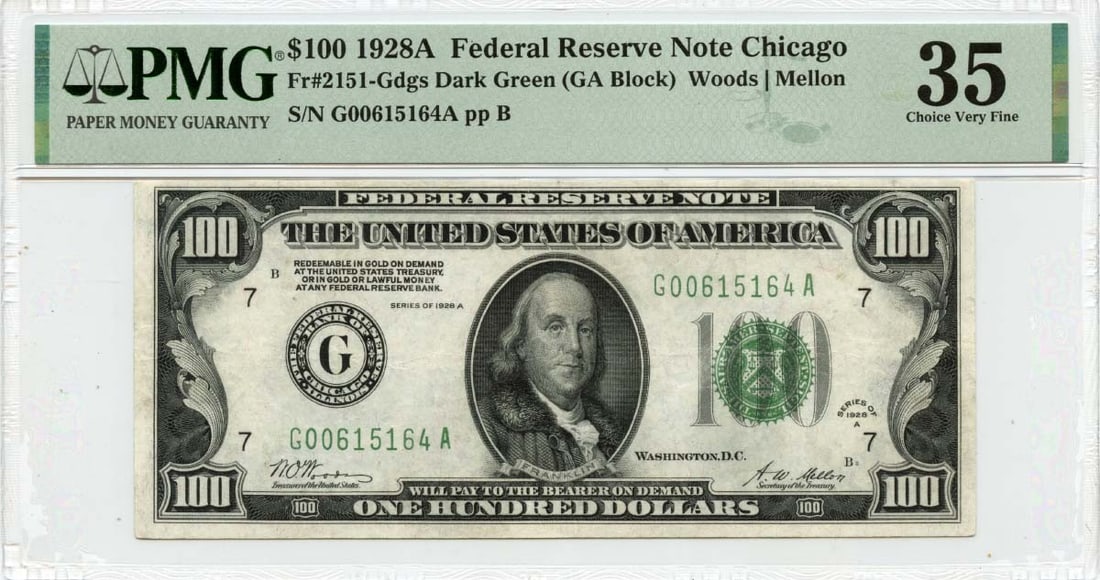 1928A $100 Federal Reserve Note Chicago Fr# 2151-Gdgs PMG VF35: 1928A $100 Federal Reserve Note Chicago Fr# 2151-Gdgs PMG VF35 This 1928A $100 Federal Reserve Note from Chicago (Fr# 2151-Gdgs) is certified by PMG with a grade of VF35. This note is classified as ci