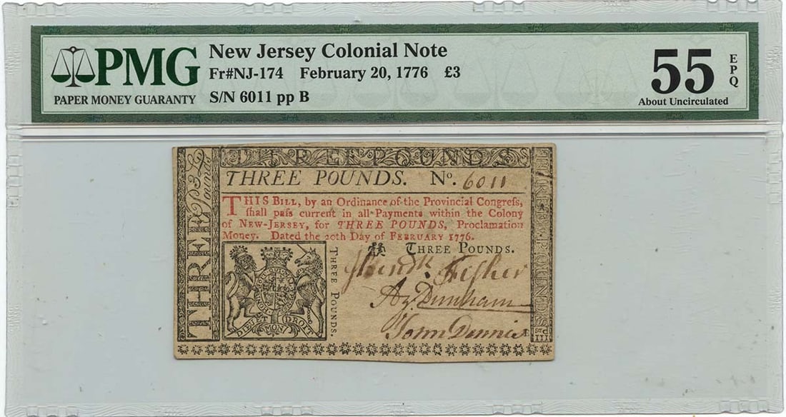 1776 New Jersey Colonial Note NJ-174 PMG AU55 Circulated: 1776 New Jersey Colonial Note NJ-174 PMG AU55 Circulated This New Jersey Colonial Note, dated February 20, 1776, is a remarkable example of early American currency. Designated as FR#NJ-174, it has bee