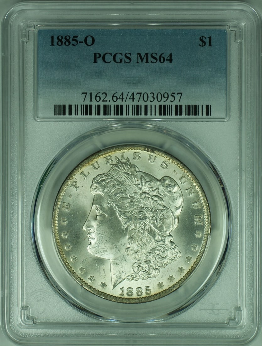 PCGS MS-64 1885-O Morgan Silver Dollar Uncirculated New Orleans Mint: PCGS MS-64 1885-O Morgan Silver Dollar Uncirculated New Orleans Mint This is an 1885-O Morgan Silver Dollar coin, certified by PCGS with a grade of MS-64. Minted in New Orleans, this uncirculated coin