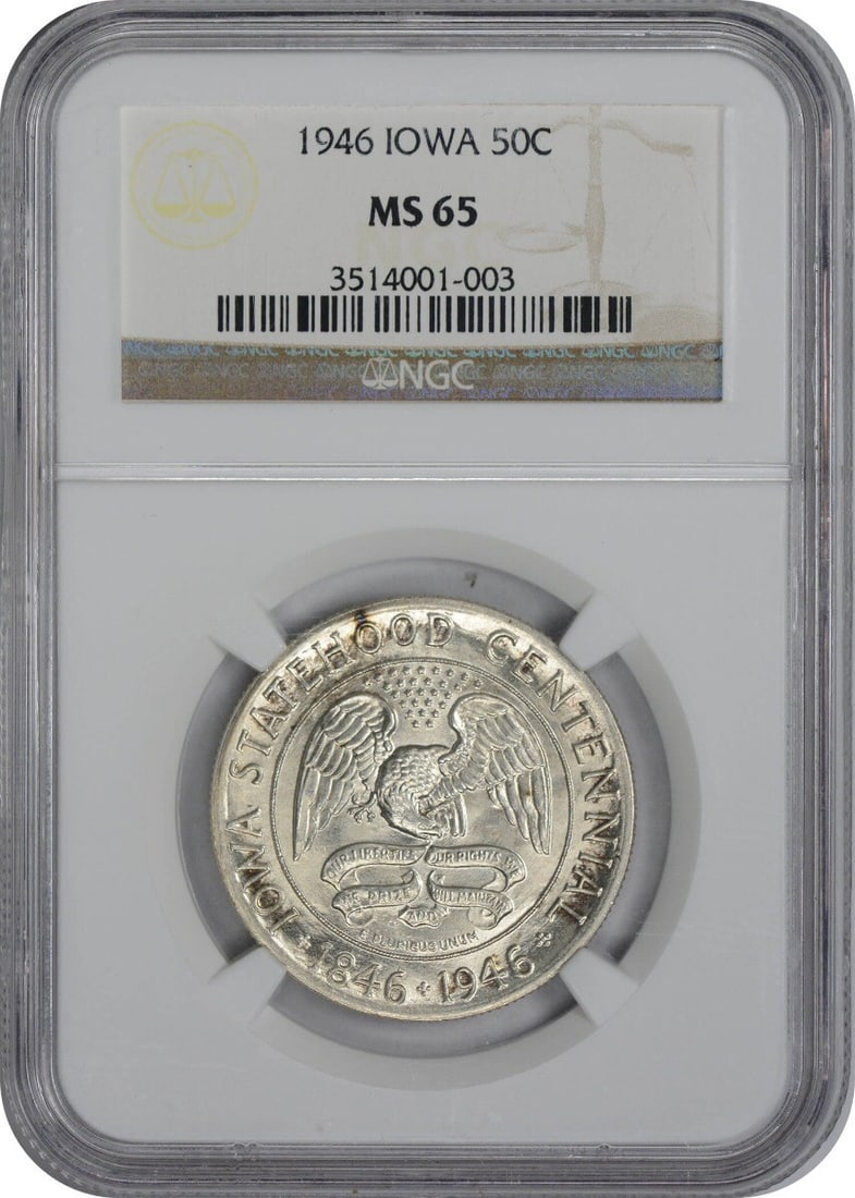 1946 Iowa Commemorative Silver Half Dollar MS65 NGC 90% Silver Adam Pietz: 1946 Iowa Commemorative Silver Half Dollar MS65 NGC 90% Silver Adam Pietz This 1946 Iowa Commemorative Silver Half Dollar is a remarkable piece of numismatic history, featuring an uncirculated grade o