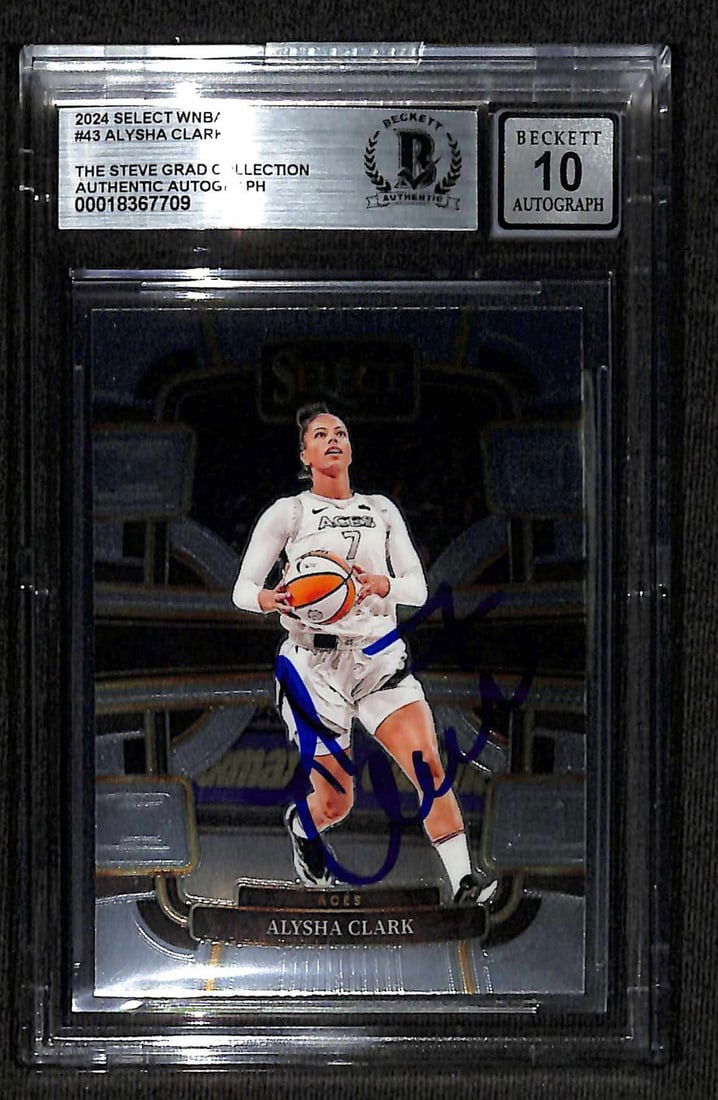 Alysha Clark 2024 Select WNBA #43 Signed Beckett Auto Grade 10: Alysha Clark 2024 Select WNBA #43 Signed Beckett Auto Grade 10 This is a signed 2024 Select WNBA #43 Alysha Clark Autograph Card, featuring an elite grade of 10 by Beckett Authentication Services. The