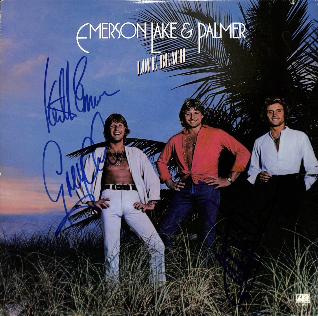Emerson Lake & Palmer Signed Love Beach LP with Beckett LOA: Emerson Lake & Palmer Signed Love Beach LP with Beckett LOA This original LP album of "Love Beach" by Emerson Lake & Palmer features the autographs of all three members: Keith Emerson, Greg Lake, and