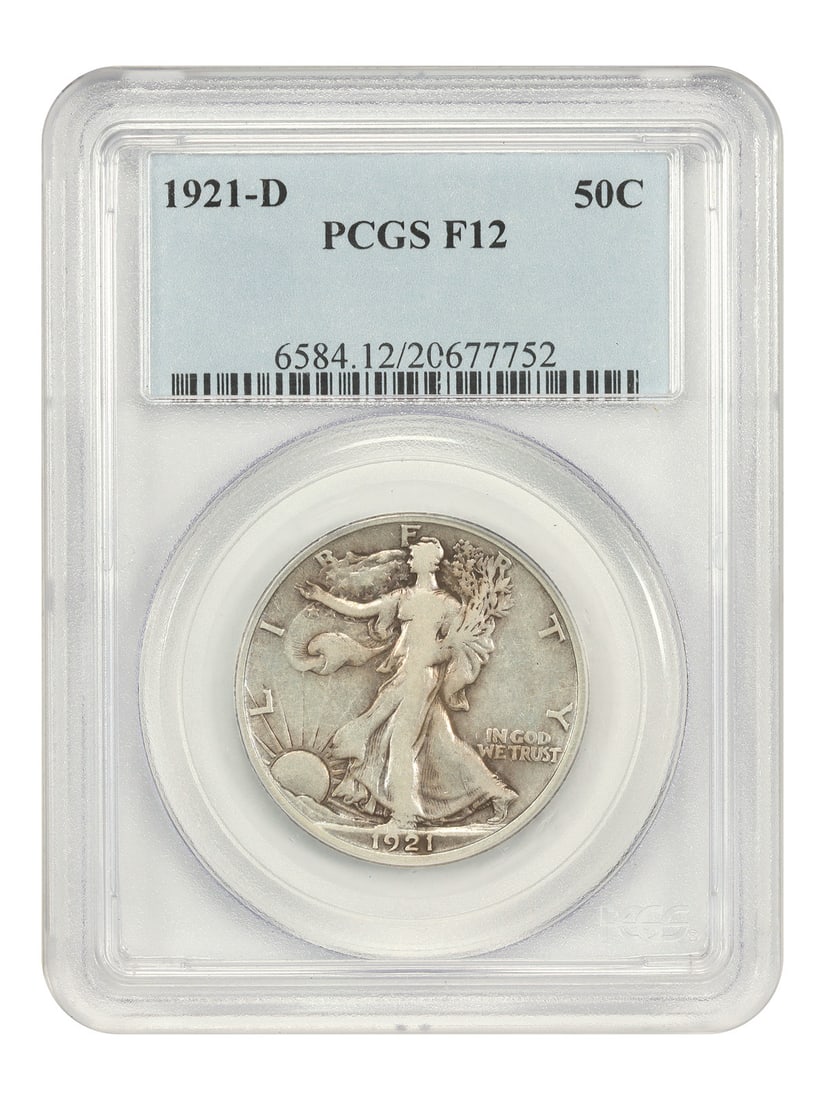 PCGS Graded 1921-D Walking Liberty Half Dollar Fine 12 Key Date: PCGS Graded 1921-D Walking Liberty Half Dollar Fine 12 Key Date This 1921-D Walking Liberty Half Dollar is a key date in the series, with only 208,000 coins struck. Graded Fine 12 by PCGS, this circul