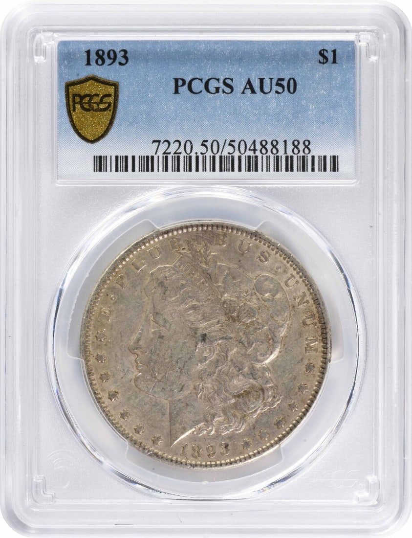 PCGS AU50 1893 Morgan Dollar Philadelphia 90 Percent Silver Coin: PCGS AU50 1893 Morgan Dollar Philadelphia 90 Percent Silver Coin This 1893 Morgan Silver Dollar was minted in Philadelphia and graded AU50 by PCGS. Composed of 90% silver and 10% copper, it features a