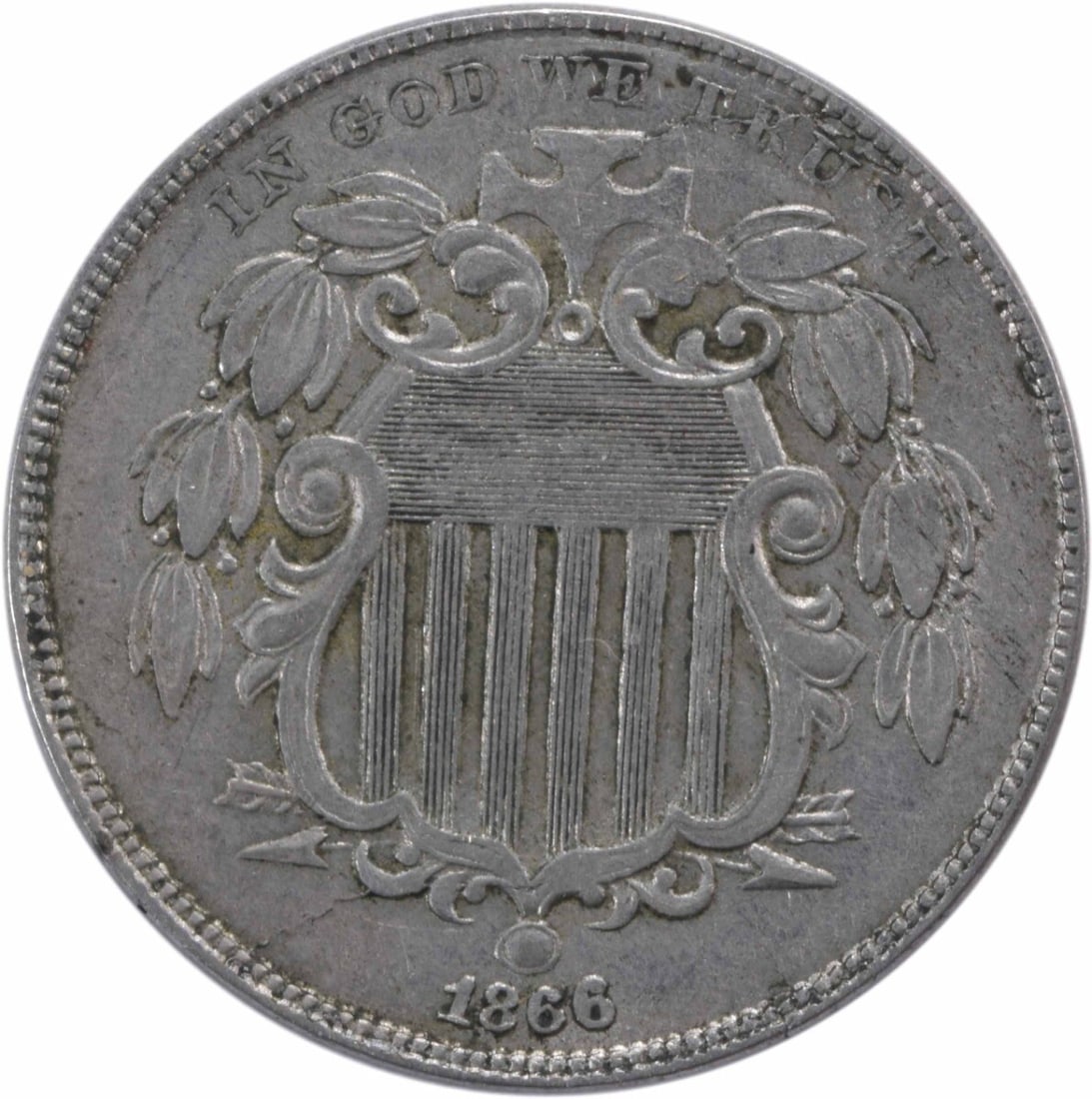 1866 Shield Nickel 5C XF Uncertified Philadelphia Mint Longacre Design: 1866 Shield Nickel 5C XF Uncertified Philadelphia Mint Longacre Design This 1866 Shield Nickel is a remarkable piece of numismatic history. Featuring a design by James Barton Longacre, this coin is ma