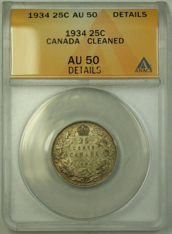 Canada 1934 Silver 25 Cent King George V Coin ANACS AU-50: Canada 1934 Silver 25 Cent King George V Coin ANACS AU-50 This 1934 Canada Quarter is a 25-cent silver coin featuring King George V. Certified by ANACS with a grade of AU-50 Details, it has a silver c