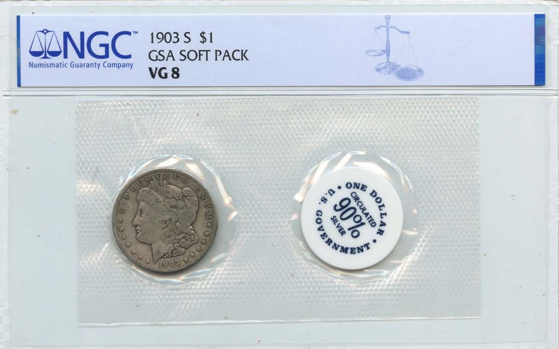 1903 San Francisco Morgan Silver Dollar NGC VG8 Soft Pack: 1903 San Francisco Morgan Silver Dollar NGC VG8 Soft Pack This is a 1903-S Morgan Dollar presented in a GSA soft pack. Certified by NGC with a VG8 grade, this circulated coin was minted in San Francis