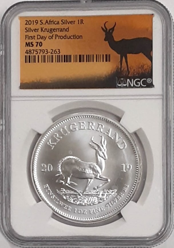 NGC MS70 First Day 2019 South Africa 1 Oz Silver Krugerrand: NGC MS70 First Day 2019 South Africa 1 Oz Silver Krugerrand This 2019 South Africa 1 oz .999 silver Krugerrand coin has been certified by NGC with a perfect Mint State 70 grade and is designated as a