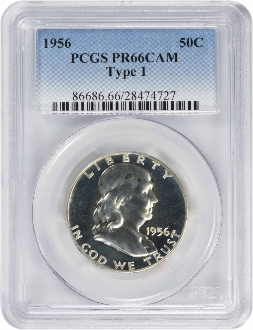 1956 Franklin Silver Half Dollar PR66CAM PCGS Uncirculated Coin: 1956 Franklin Silver Half Dollar PR66CAM PCGS Uncirculated Coin This striking 1956 Franklin Silver Half Dollar, graded PR66CAM by PCGS, is a remarkable addition to any coin collection. With a composit