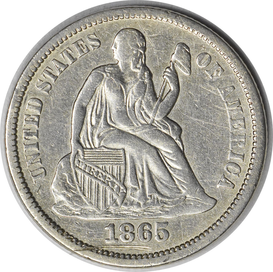 1865-S Seated Liberty Silver Dime 10C Uncertified San Francisco: 1865-S Seated Liberty Silver Dime 10C Uncertified San Francisco This 1865-S Liberty Seated Silver Dime is a remarkable piece of numismatic history. Featuring a classic design by Christian Gobrecht, th