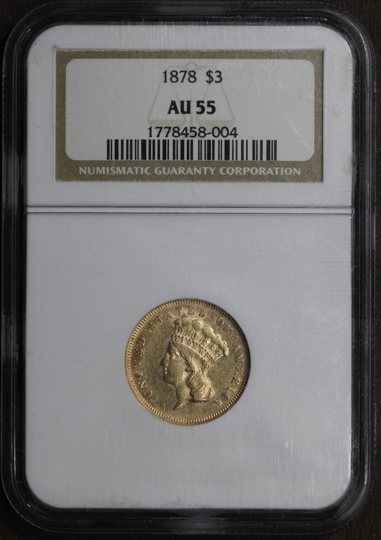 NGC AU55 1878 Three Dollar Gold Coin United States $3 Indian Princess: NGC AU55 1878 Three Dollar Gold Coin United States $3 Indian Princess This 1878 Indian Princess Three Dollar Gold Piece is certified by NGC with a grade of AU 55, indicating it is in About Uncirculate