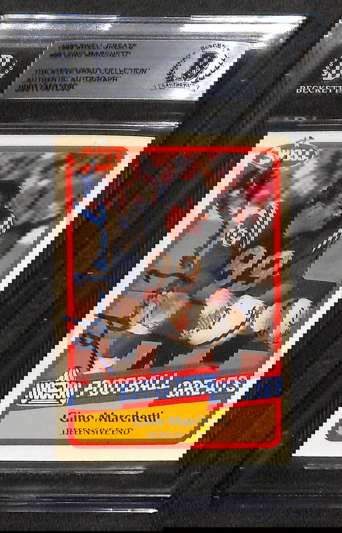 Gino Marchetti Autographed 1989 Swell Greats #94 Signed Card Beckett Authenticated: Gino Marchetti Autographed 1989 Swell Greats #94 Signed Card Beckett Authenticated This is a signed 1989 Swell Greats #94 sports trading card featuring Gino Marchetti, the renowned Baltimore Colts Def