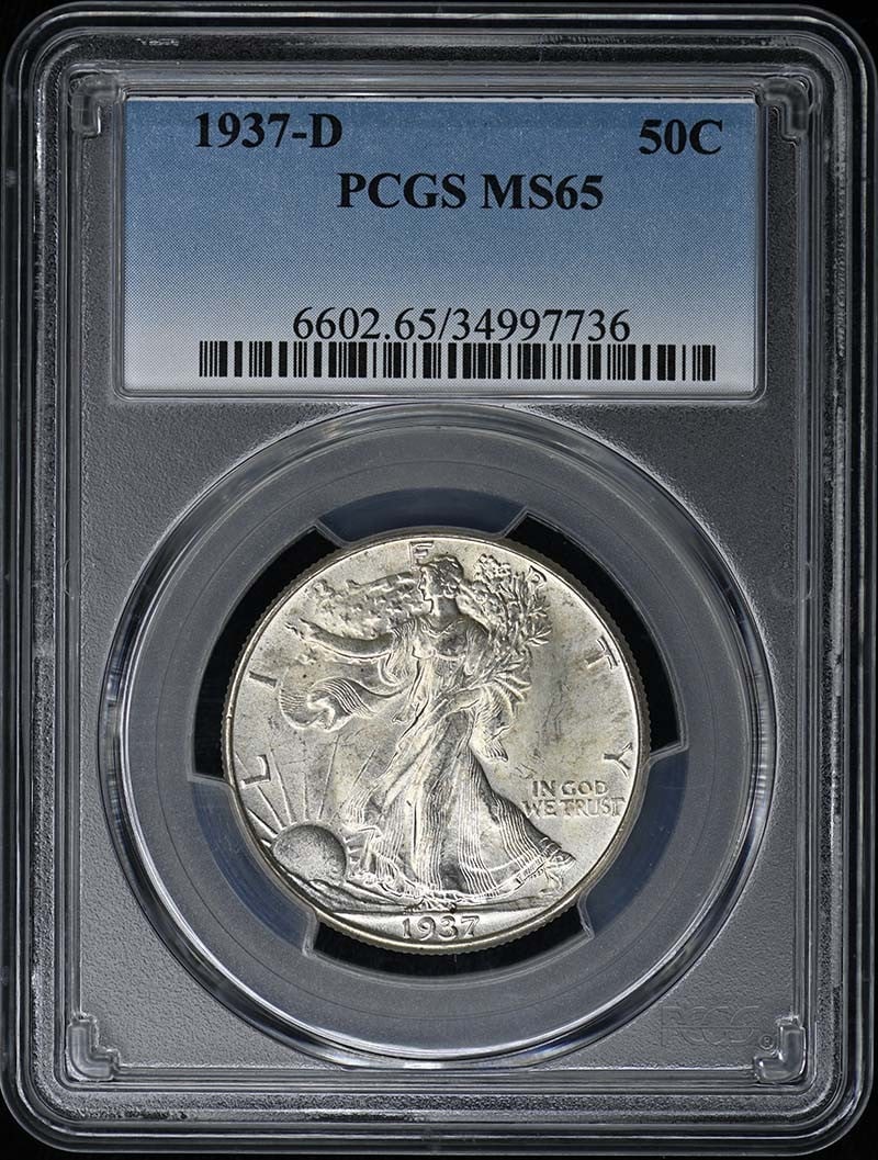 PCGS MS65 1937 Denver Walking Liberty Half Dollar: PCGS MS65 1937 Denver Walking Liberty Half Dollar This is a 1937-D Walking Liberty Half Dollar graded MS65 by PCGS. The coin was minted in Denver and is uncirculated, offering a well-preserved example