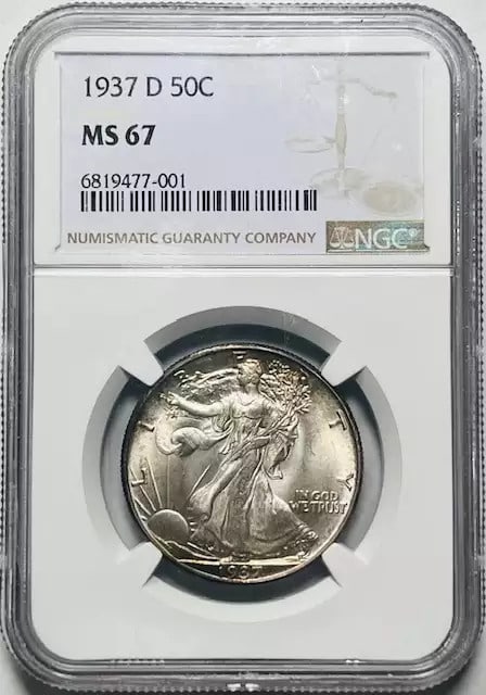 1937 D Walking Liberty Half Dollar NGC MS67 Uncirculated Silver Coin: 1937 D Walking Liberty Half Dollar NGC MS67 Uncirculated Silver Coin This 1937 D Walking Liberty Half Dollar is a stunning example of American coinage, graded MS 67 by NGC, indicating its exceptional