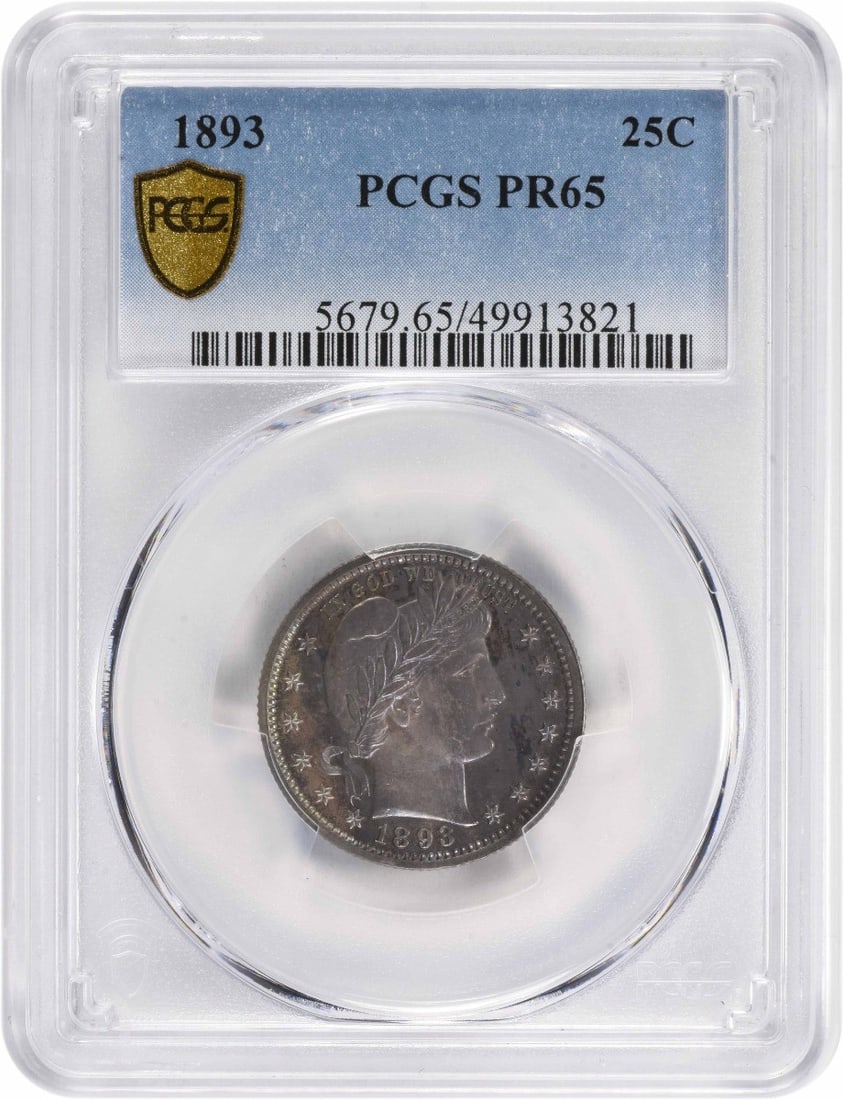 1893 Barber Silver Quarter PR65 PCGS Toned Uncirculated: 1893 Barber Silver Quarter PR65 PCGS Toned Uncirculated This 1893 Barber Silver Quarter is a stunning piece certified by PCGS with a PR65 grade. Struck in Philadelphia, this uncirculated coin features