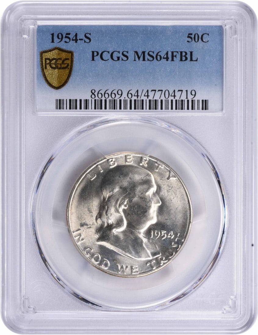 PCGS MS64FBL 1954-S Franklin Silver Half Dollar San Francisco Mint: PCGS MS64FBL 1954-S Franklin Silver Half Dollar San Francisco Mint This 1954-S Franklin Half Dollar is graded MS64FBL by PCGS, indicating a high-quality, uncirculated coin with Full Bell Lines. Struck