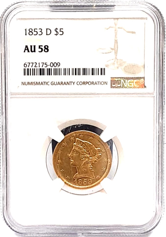 NGC AU-58 1853-D $5 Gold Liberty Half Eagle from Dahlonega Mint: NGC AU-58 1853-D $5 Gold Liberty Half Eagle from Dahlonega Mint This is an 1853-D Liberty $5 Half Eagle gold coin from the United States, minted at the Dahlonega Mint. The coin is composed of gold wit