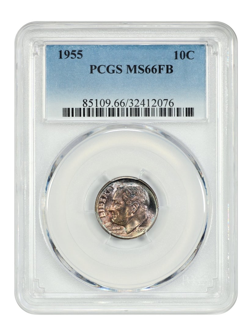 1955 Roosevelt Dime 10C PCGS MS66FB Philadelphia Mint Uncirculated: 1955 Roosevelt Dime 10C PCGS MS66FB Philadelphia Mint Uncirculated This 1955 Roosevelt Dime has been certified by PCGS with a grade of MS66FB, indicating a high-quality uncirculated coin. It features