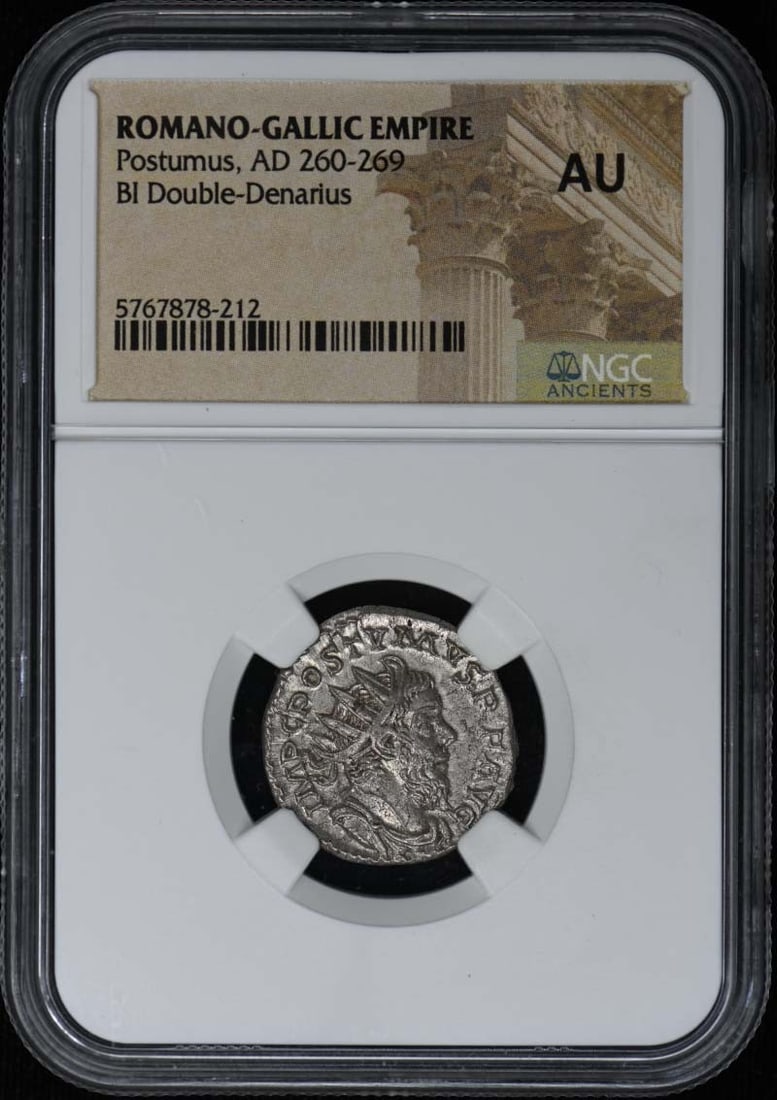 NGC AU Double Denarius Coin of Postumus Romano-Gallic Empire: NGC AU Double Denarius Coin of Postumus Romano-Gallic Empire This is a Romano-Gallic Empire BI Double-Denarius from the reign of Postumus, AD 260-269. The coin has been certified by NGC with a grade o