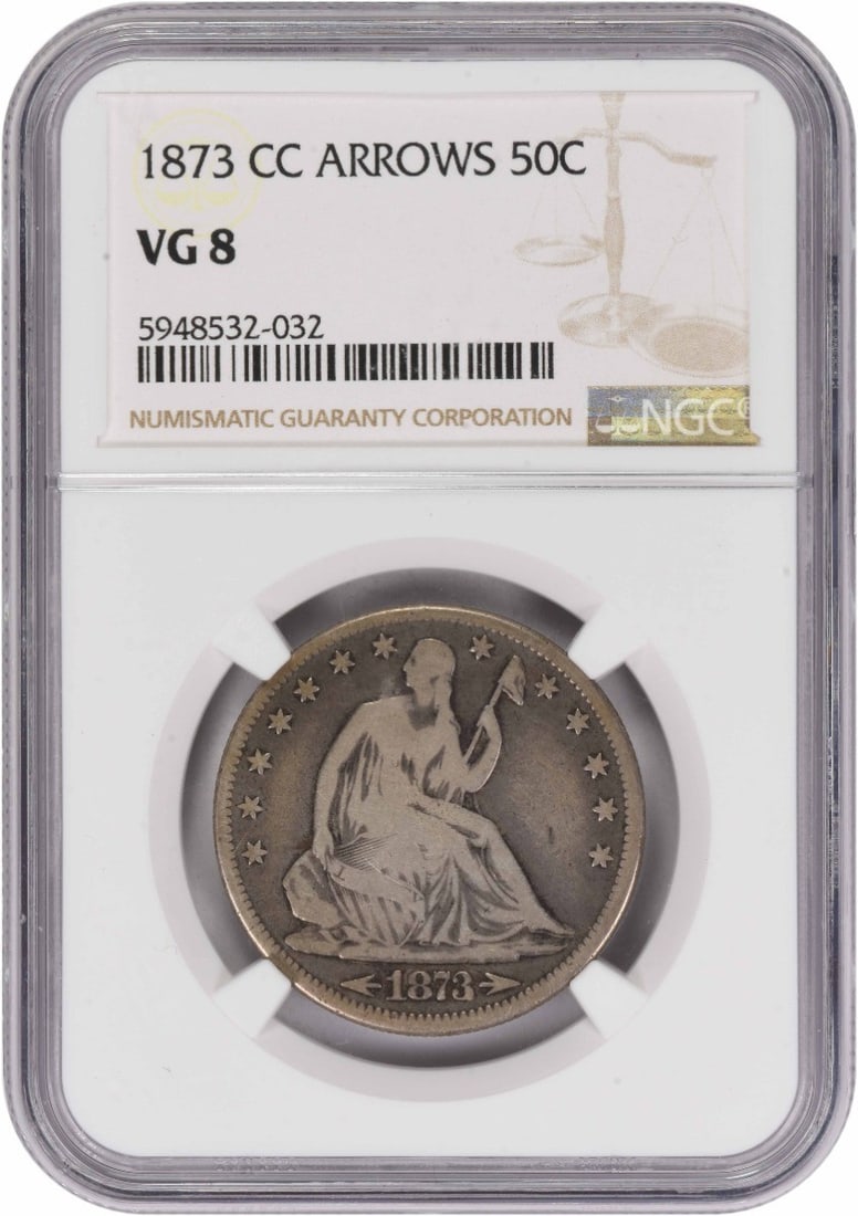 NGC VG08 1873 Carson City Seated Liberty Half Dollar with Arrows: NGC VG08 1873 Carson City Seated Liberty Half Dollar with Arrows This is an 1873-CC Liberty Seated Silver Half Dollar with Arrows, graded VG08 by NGC. Minted in Carson City, this circulated coin featu