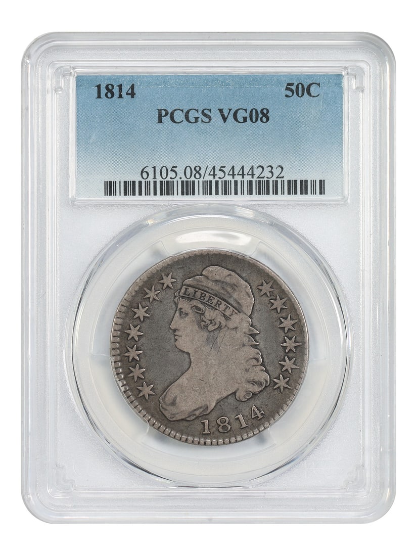 Capped Bust 1814 Half Dollar PCGS Graded VG08: Capped Bust 1814 Half Dollar PCGS Graded VG08 This is an 1814 Capped Bust Half Dollar, graded VG08 by PCGS. The coin is circulated and was minted in Philadelphia. It belongs to the Capped Bust Half Do