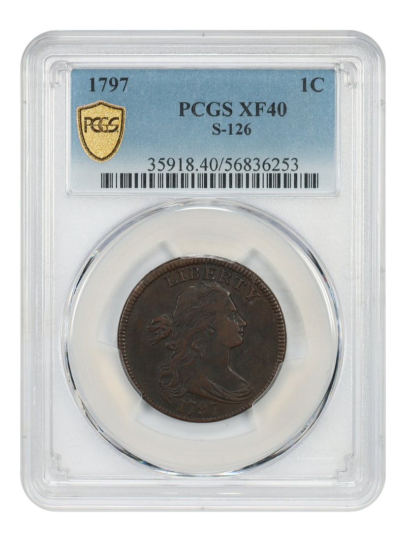 1797 Draped Bust Large Cent PCGS XF40 S-126 Certified Copper Coin: 1797 Draped Bust Large Cent PCGS XF40 S-126 Certified Copper Coin This 1797 Draped Bust Cent is graded XF40 by PCGS and features a bold strike with well-preserved surfaces. The coin displays an attrac